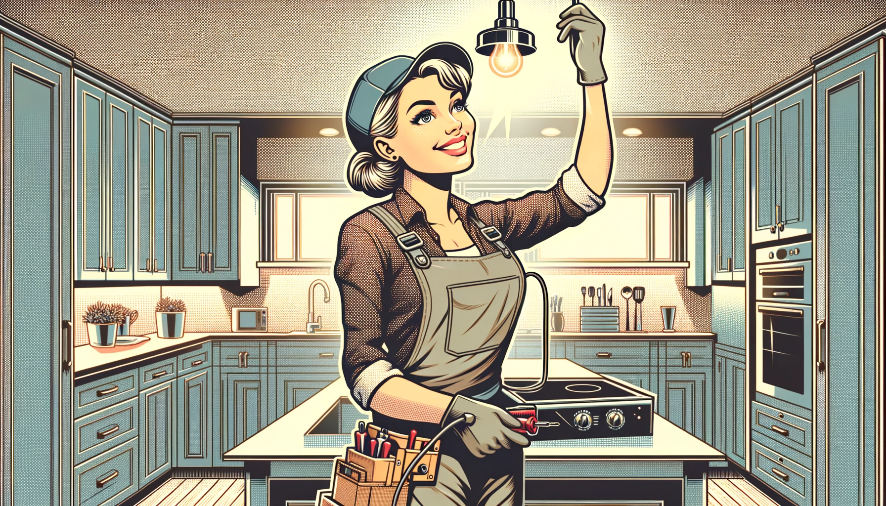 electrician illustration installing lighting fixtures in the kitchen