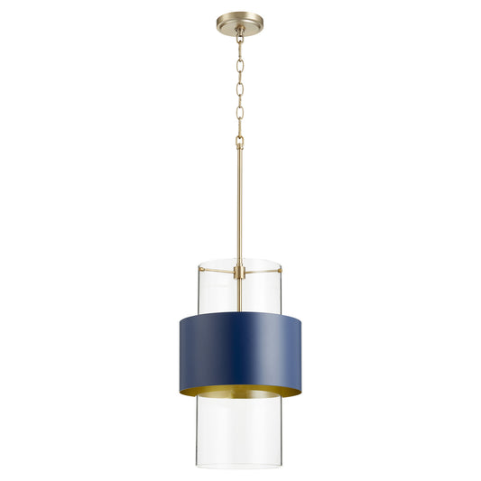  Glass Cylinder Drum Pendants One Light Pendant by Quorum in Aged Brass w/ Blue Finish (8013-3280)