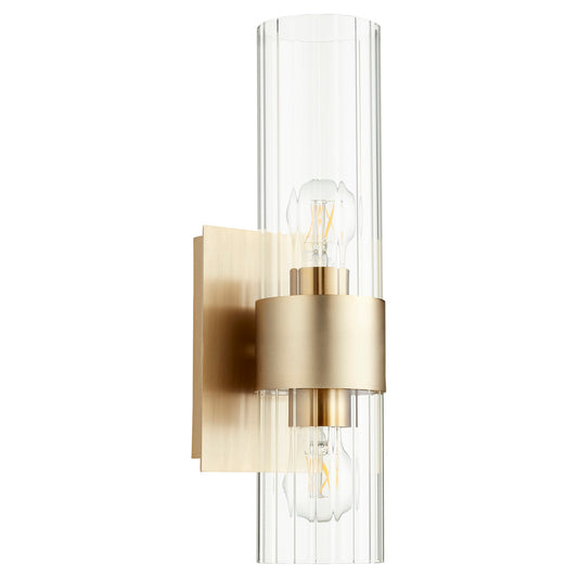  5828 Clear Fluted Wall Mounts Two Light Wall Mount by Quorum in Aged Brass Finish (5826-2-80)